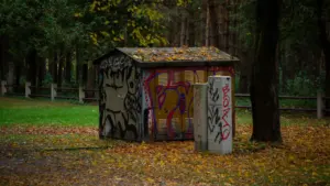 Nedidelis medinis pastatas su grafiti piešiniais rudens parke Vilniaus rajone.